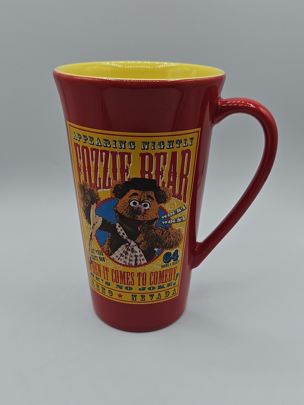 FOZZIE BEAR Muppets Coffee Mug Disney Store Latte 20 oz Red Reno Nevada Comedy